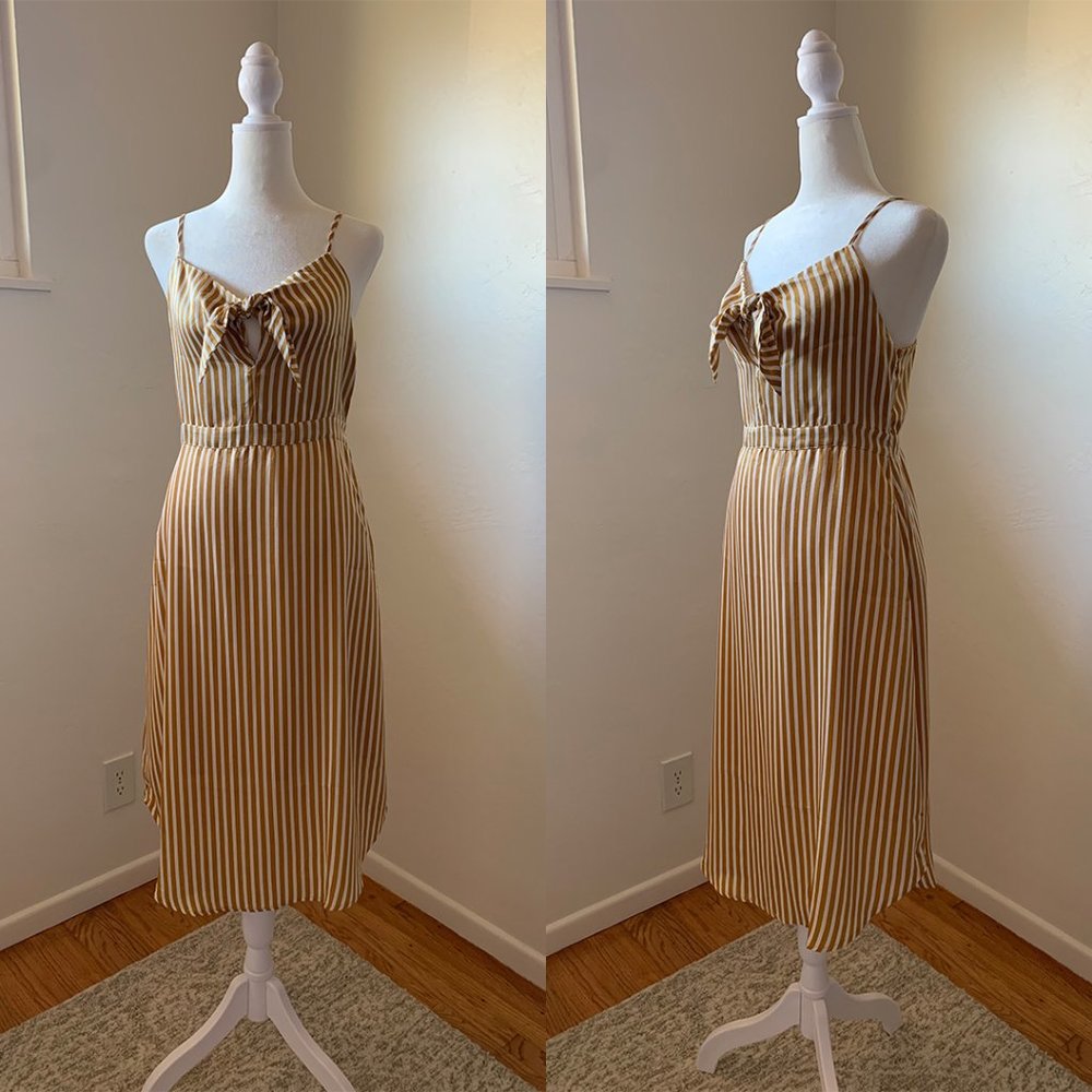 NWOT Olivaceous Gold Stripe Satin Midi Dress Size M